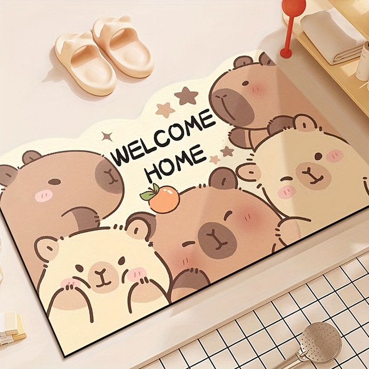 Covoras de baie, capybara, design cu capsuni si ceai cu bule, super absorbant, 50x80cm