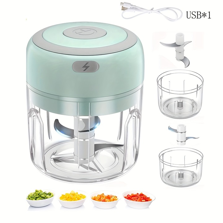 Mini elektromos aprító 250ml, 3 rozsdamentes acél penge, húshoz, zöldségekhez és gyümölcsökhöz, vezeték nélküli