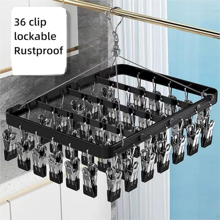 Uscator rufe metalic cu 36 clipsuri, carlige rotative, pliabil, negru