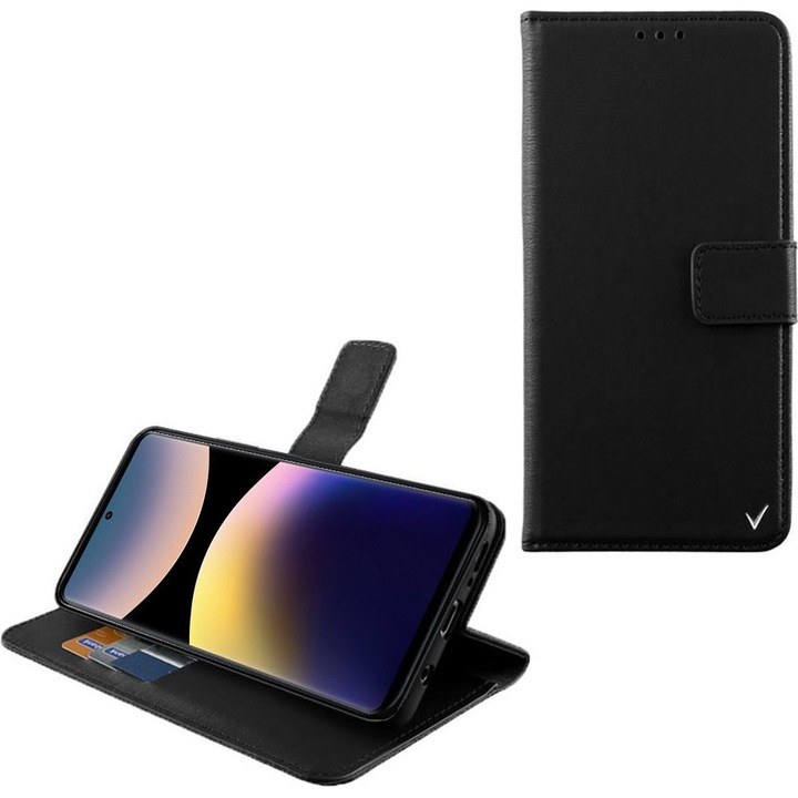 Husa telefon Volte-Tel pentru Xiaomi Redmi Note 14 Pro 4G, neagra, tip carte, cu suport magnetic, dimensiune 6.67"