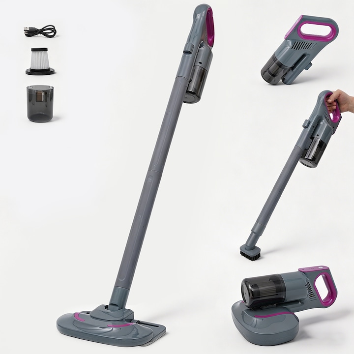 Aspirator vertical wireless Simplori, cu trei functii integrate, cu baterie litiu, autonomie 50 de minute, aspirare puternica, culoare violet