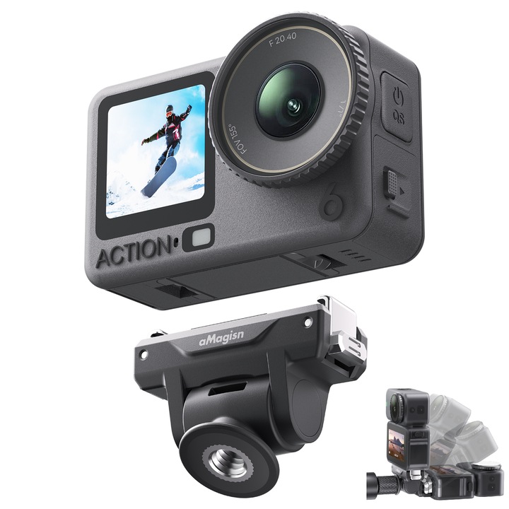 Регулируем магнитен адаптер за бързо освобождаване aMagisn за DJI OSMO Action 6/NANO, двупосочна магнитна стойка на 180° с регулиране на ъгъла в 4 позиции, заключване от неръждаема стомана без надраскване за аксесоари за екшън камери