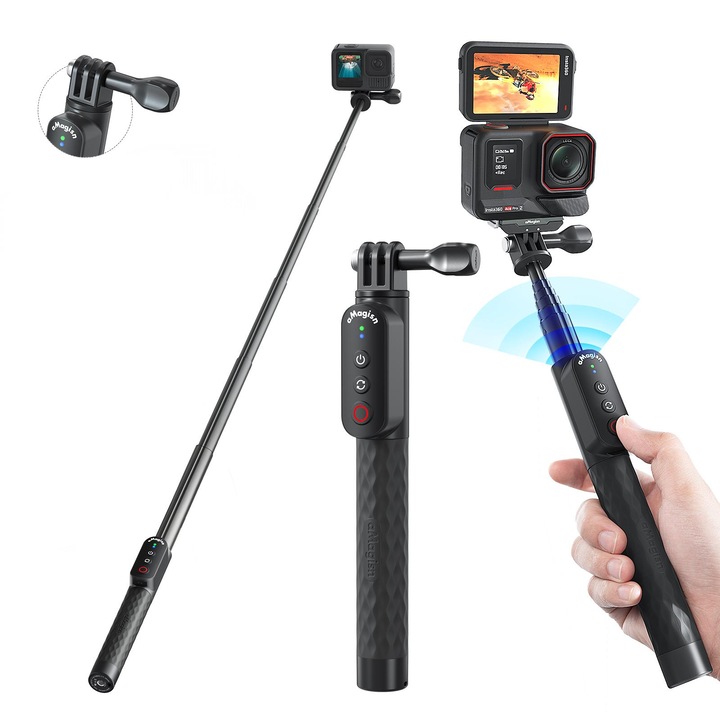 Selfie Stick cu Telecomanda Bluetooth aMagisn pentru Camera de Actiune, Tija Extensibila Rezistenta la Apa 1m, Compatibila cu Insta360, GoPro Hero Series, Smartphone-uri iOS si Android, Autonomie Baterie 96 de Ore