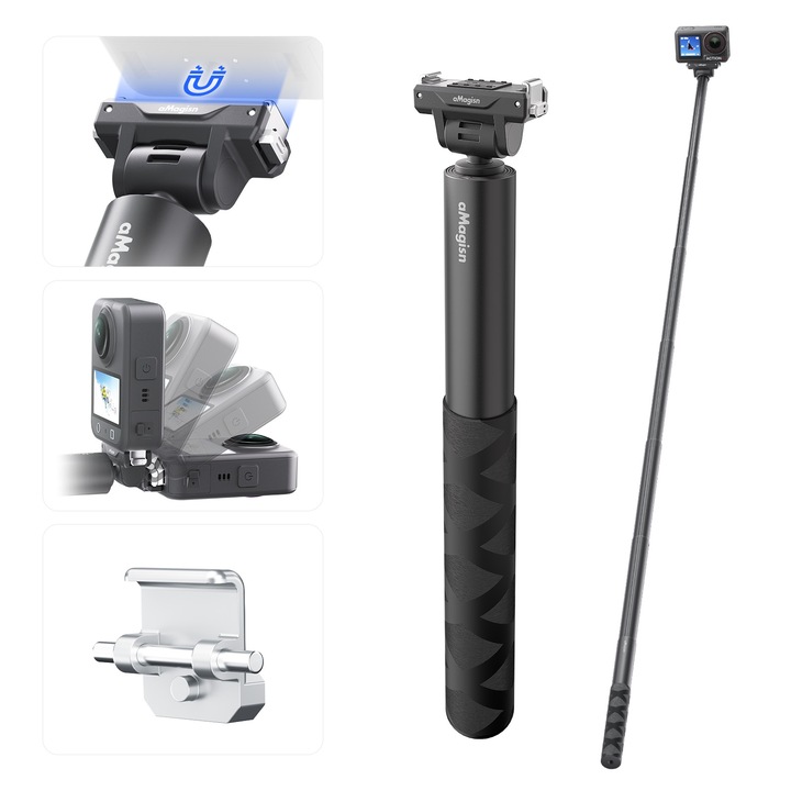 Магнитен селфи стик с бързо освобождаване и регулируем aMagisn 1,2 м за DJI Osmo 360/Action 5 Pro/4/3, лек и преносим селфи стик с невидим ефект, аксесоари за екшън камера
