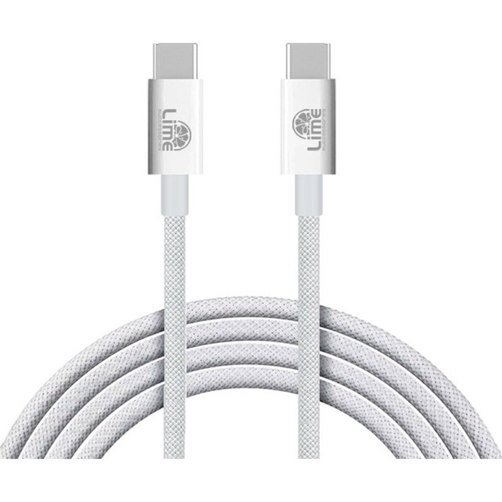 Cablu USB-C la USB-C 1m Lime 68W, impletit durabil, alb