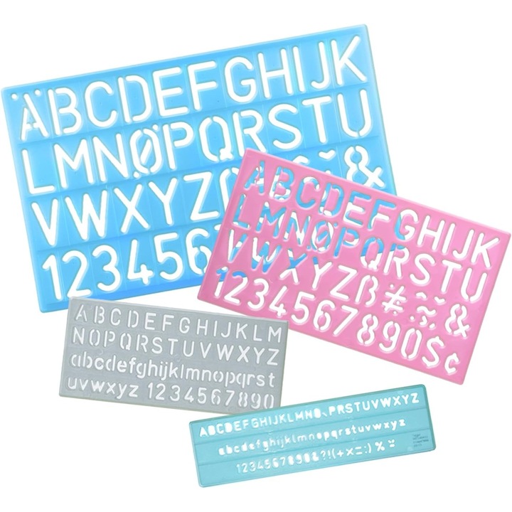 Set 4 piese alfabet normografic pentru copii, normografic litere mari, sabloane pentru copii, sabloane litere, sabloane litere din plastic pentru alfabet pentru mestesuguri reutilizabile