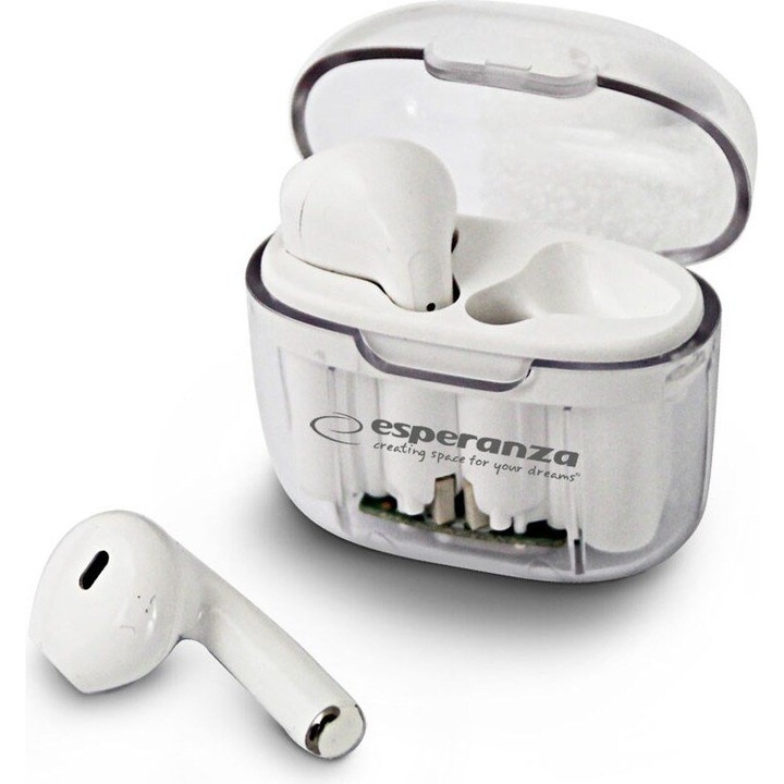 Casti Wireless Esperanza In-Ear Alb, Bluetooth 5.3, Control tactil, 10m distanta maxima