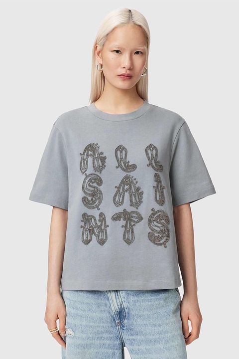 AllSaints, Tricou de bumbac cu logo cu margele Ella, Albastru prafuit