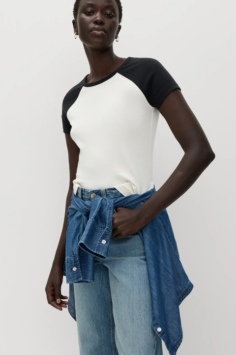 Marks & Spencer, Tricou cu maneci raglan, Alb/Negru