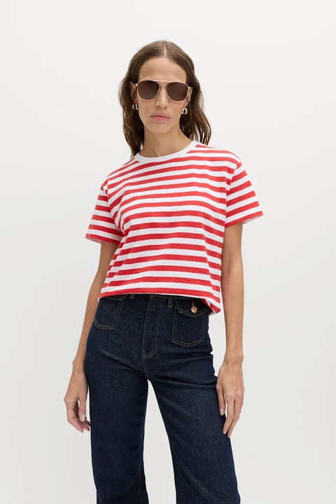 Marks & Spencer, Tricou de bumbac cu decolteu la baza gatului, Rosu vermillion/Alb murdar