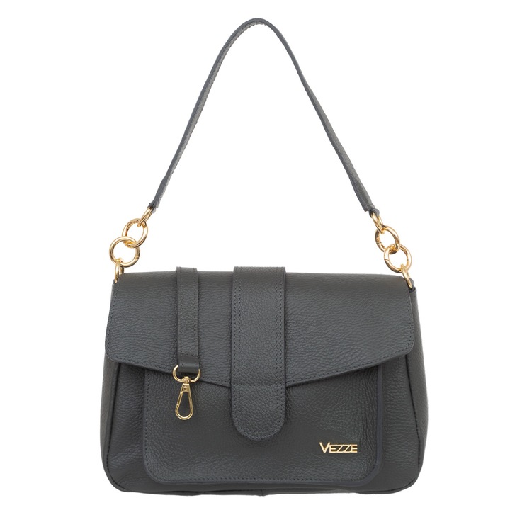 Bőr kézitáska, Vezze, antracit, 5 zseb, levehető pánt