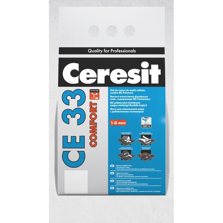 Chit de rosturi alb 5 kg premium Ceresit CE 33 COMFORT, pentru rosturi intre 1 si 8 mm, cu aspect fin si aplicare usoara