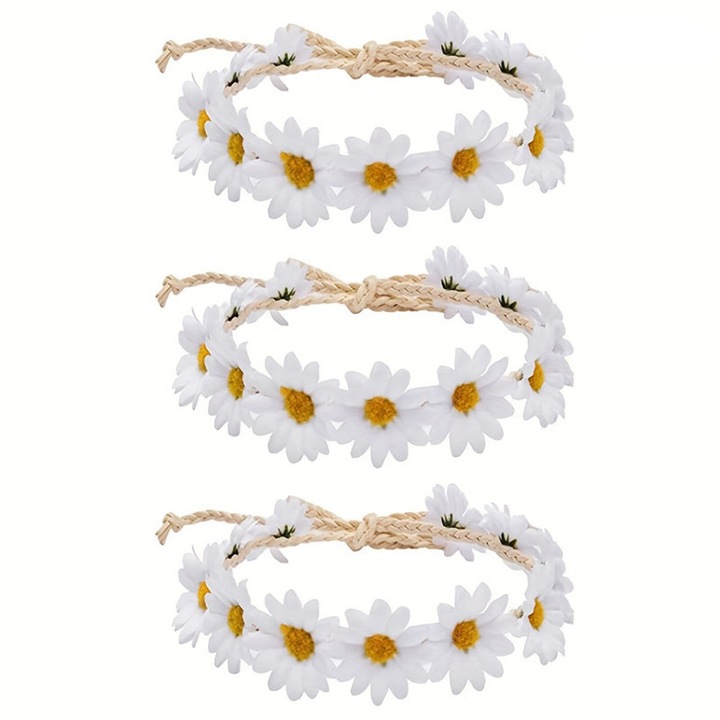 Set 3 coroana florala boho chic, BOMSTOM, Ajustabila, Pentru femei si copii, Alb