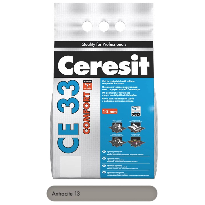 Chit de rosturi Antracit 2 kg premium Ceresit CE 33 COMFORT, pentru rosturi intre 1 si 8 mm, cu aspect fin si aplicare usoara