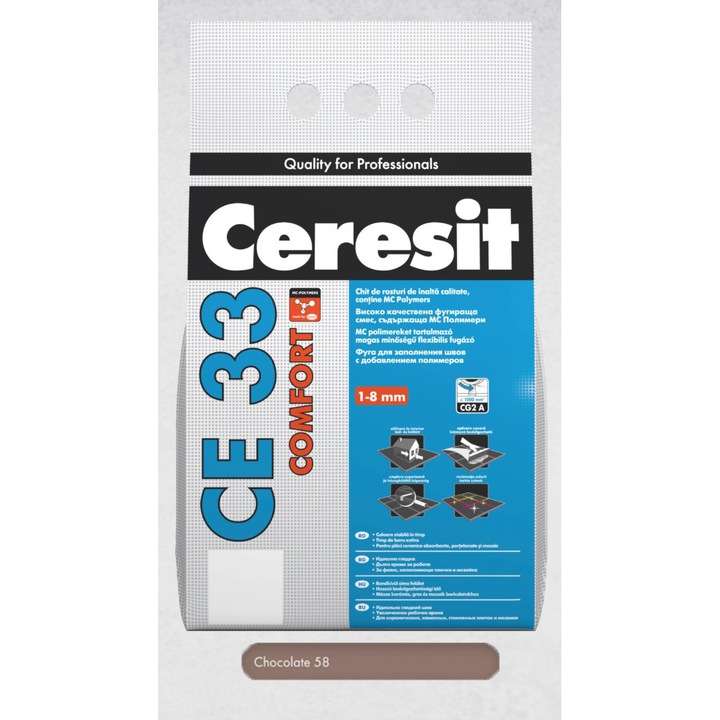 Chit de rosturi Chocolate 2 kg premium Ceresit CE 33 COMFORT, pentru rosturi intre 1 si 8 mm, cu aspect fin si aplicare usoara
