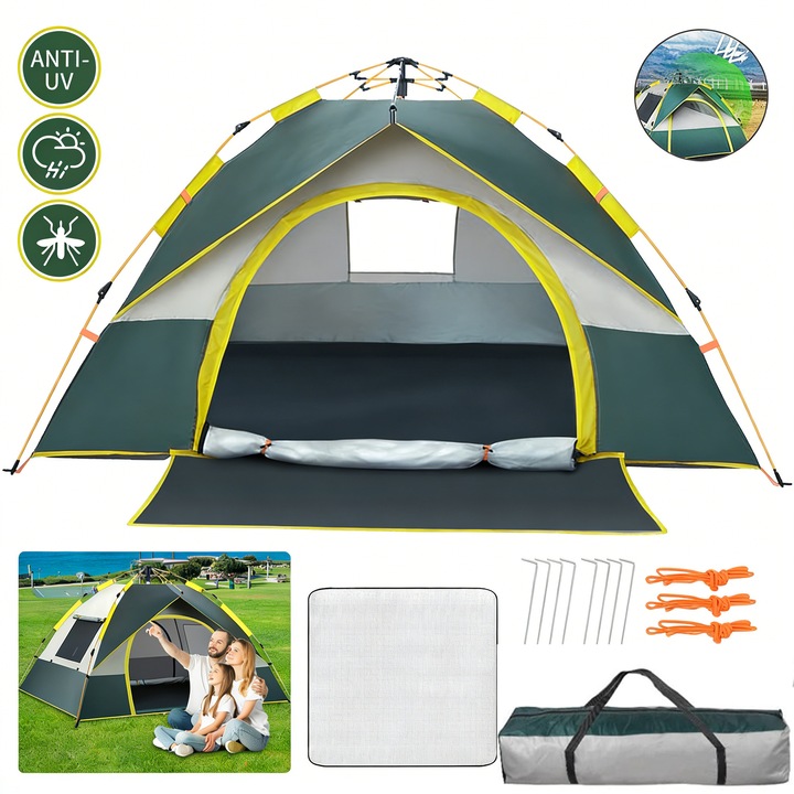 Cort camping automat, 3-4 persoane，deschidere automata.Pliabil, 210*210*130cm，Ventilare, Impermeabil, rezistent la vant, rezistent la soare, rezistent la insecte si usor de instalat.Potrivit pentru camping, pescuit si zone montane.Include covoras impermea
