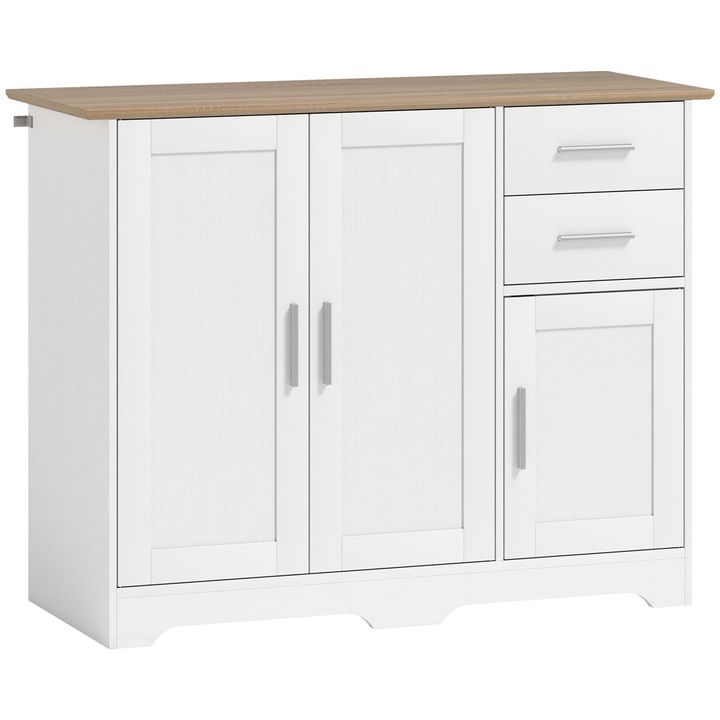 HOMCOM Comoda Moderna din Lemn cu 2 Sertare si 2 Dulapuri, 100x40x78 cm, Alb si Culoare Lemn