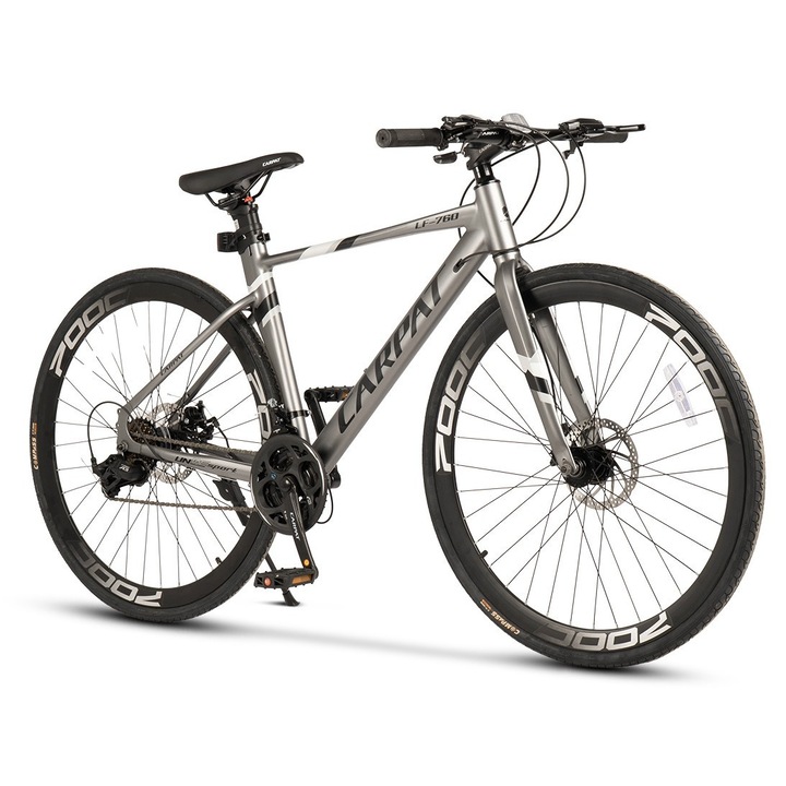 Bicicleta Gravel Unisex cu Roti de 28", Furca Fixa Aerodinamica, Manete Secventiale, Echipare A3 L-TW00, Frane DISC -fata/spate, 24 Viteze, gri/negru, Gravel Bike Carpat LF-760 cu cadru din Aluminiu fara sudura vizibila