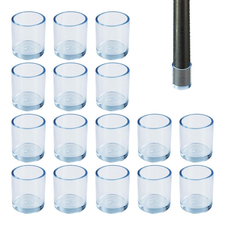 Set de 16 protectii pentru picioarele scaunelor, BOMSTOM, Anti-zgarieturi, Anti-zgomot, Reutilizabile, Silicon, Rotunde, 16mm ID, Transparent