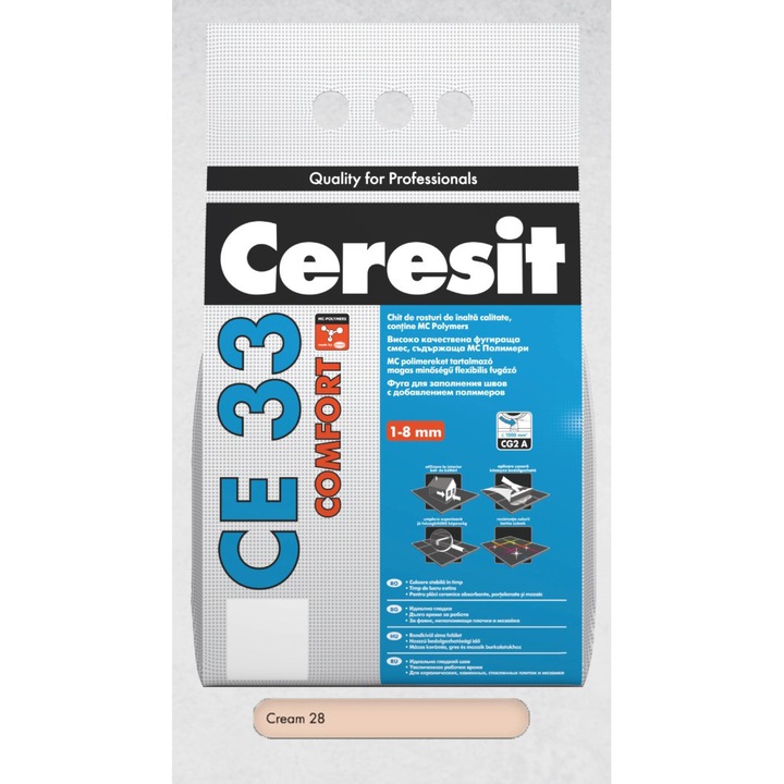 Chit de rosturi Cream 2 kg premium Ceresit CE 33 COMFORT, pentru rosturi intre 1 si 8 mm, cu aspect fin si aplicare usoara