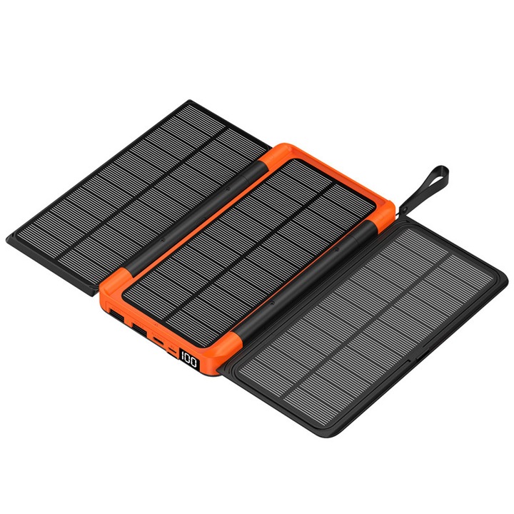 Domars 20000mAh napelemes töltő, 6W összecsukható napelemek, vezeték nélküli töltés, kettős USB + Type-C portok, LED zseblámpa, hordozható kialakítás kempingezéshez, túrázáshoz, utazáshoz