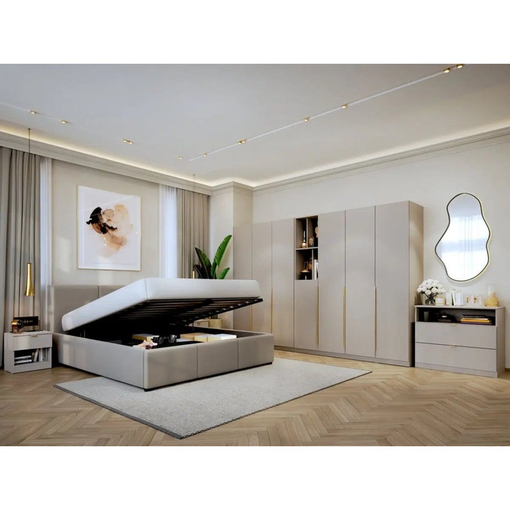 Set Dormitor Auris, Bej/Casmir, C33, Pat Rabatabil 160x200, 2 Noptiere, Comoda si Dulap 2.87m cu Soft close