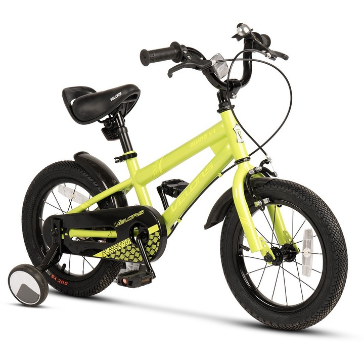 Bicicleta MTB ERBV1407B pentru copii cu roti de 14", frane Fata-V-brake/spate-tambur, Roti Ajutatoare, verde, Velors Baby Kids BIMBO Bike pentru varsta 3/5 ani