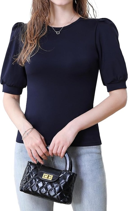 Tricou dama cu maneci bufante, croiala cambrata, material elastic si confortabil, design casual elegant, ideal pentru tinute versatile, Bleumarin, Bleumarin