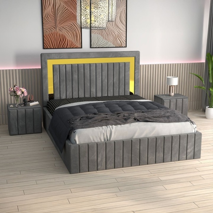 Pat Tapitat Ianis AmzMob GRI + Saltea Lux Ortopedica + Noptiere Tapitate - 160X200