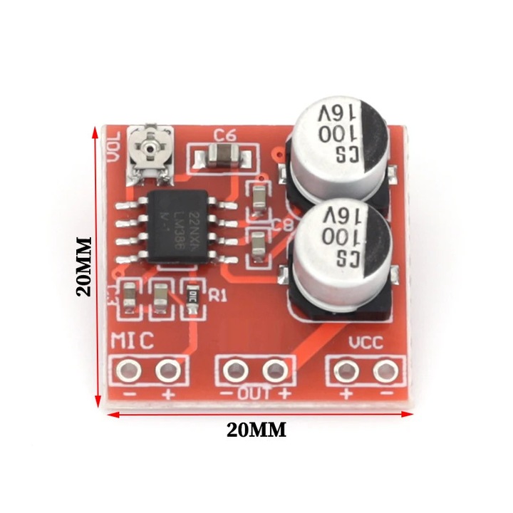 Elektret mikrofon erősítő modul, LM386, 20x20mm, DC4-12V