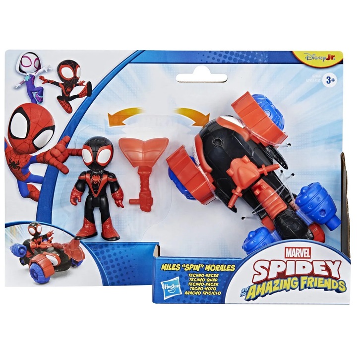 Set figurină Miles Spin Morales și vehicul Techno Racer, Spidey, 7.6cm, pentru băieți