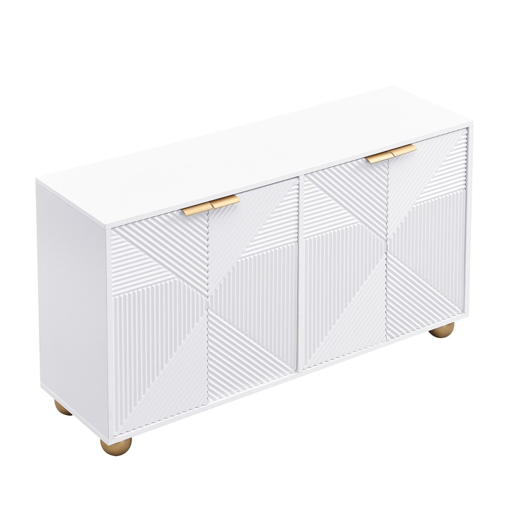 Comoda sideboard alb lucios, cu 4 usi sculptate, rafturi ajustabile, manere aurii, 120x35x71, 5cm