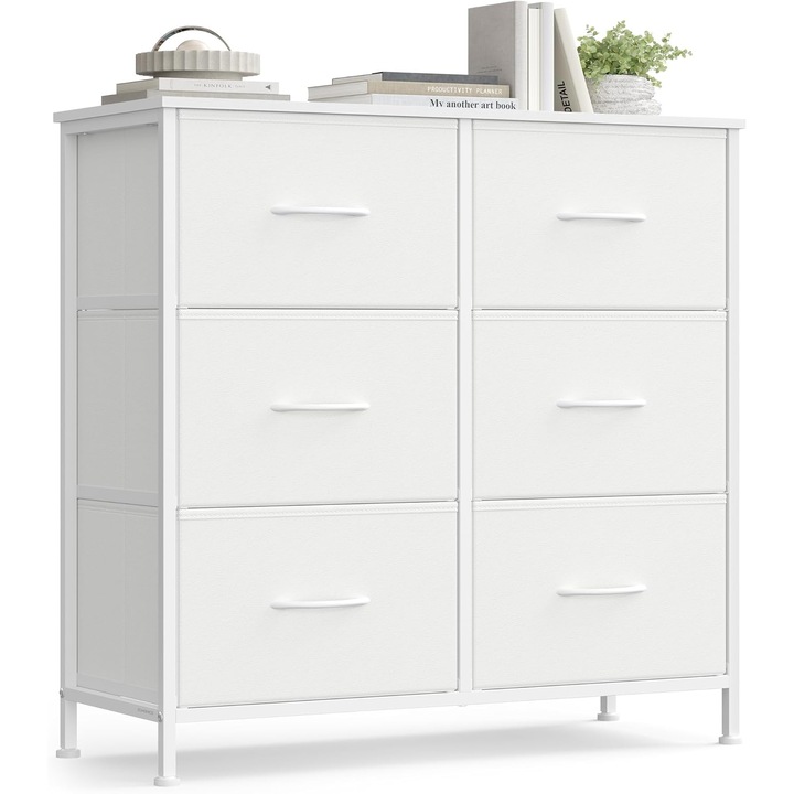 SONGMICS Comoda cu 6 sertare textile, cadru metalic si blat MDF, 77x30x74 cm, alb
