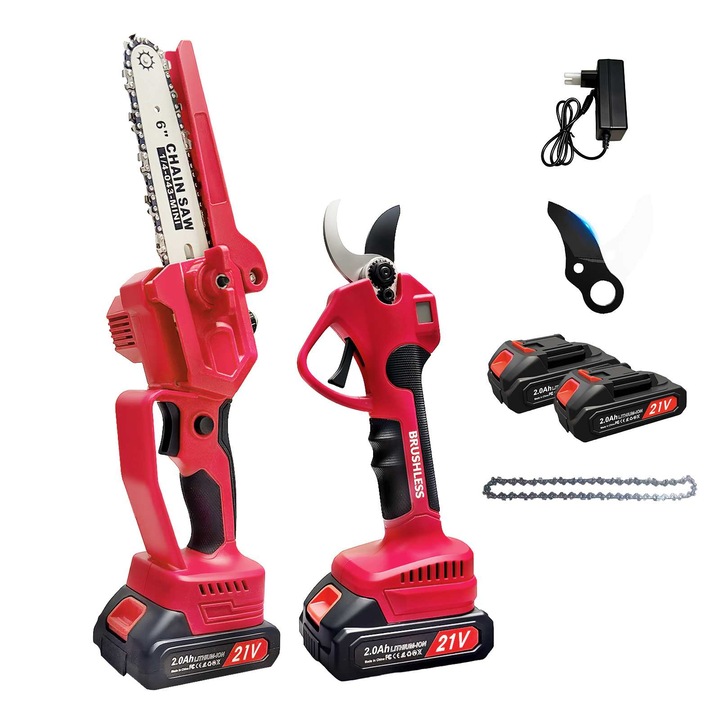 Set Foarfeca electrica pentru gradina and Mini fierastrau cu lant, Aiorber, motor fara perii de 300 W, echipata cu doua baterii reincarcabile de 2000 mAh, 3 trepte de taiere, afisaj LED, 21 V，rosu