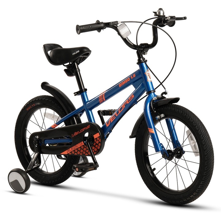 Bicicleta MTB ERBV1607B pentru copii cu roti de 16", frane Fata-V-brake/spate-tambur, Roti Ajutatoare, albastru/portocaliu, Velors Baby Kids BIMBO Bike pentru varsta 4/6 ani