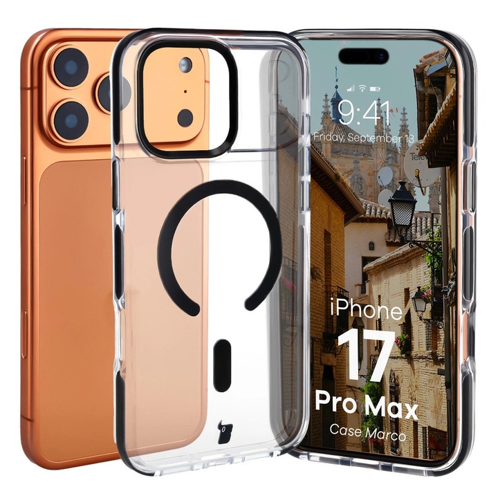 Husă Bizon Marco pentru iPhone 17 Pro Max, transparentă cu negru, TPU