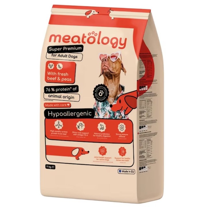 Hrana uscata Meatology pentru caini 9 Kg, Vita si Mazare, hipoalergenica, 76% proteine, maro
