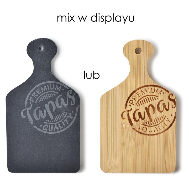 Tapas tálaló deszka, pala és fa, Modern Kitchen, 20 x 11 cm, fekete és natúr, 2 darabos készlet