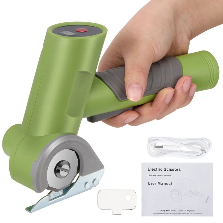 Cutter electric rotativ pentru textile și carton, verde/negru, 2000 mAh, cu cutie de protecție