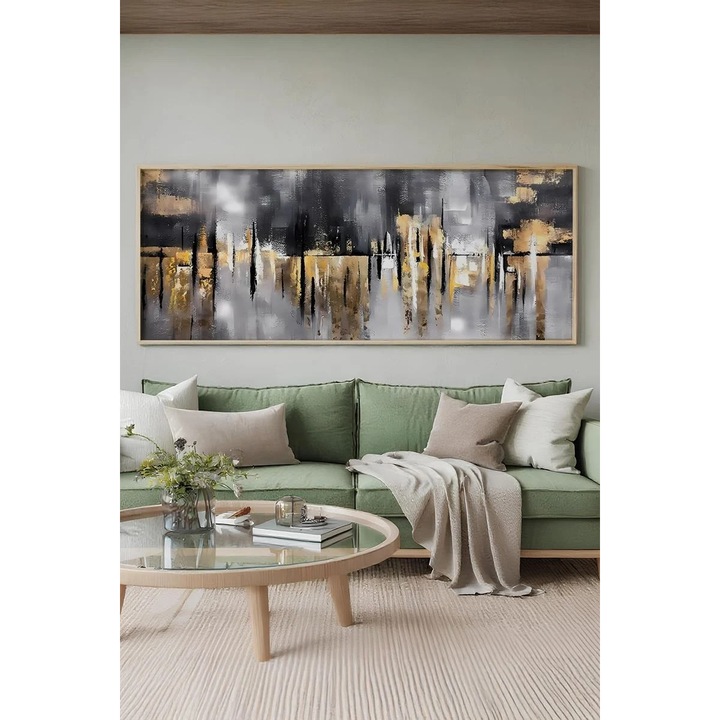 Tablou decorativ Re-Bloom, MDF/lemn masiv, gri/auriu, 50 x 120 cm