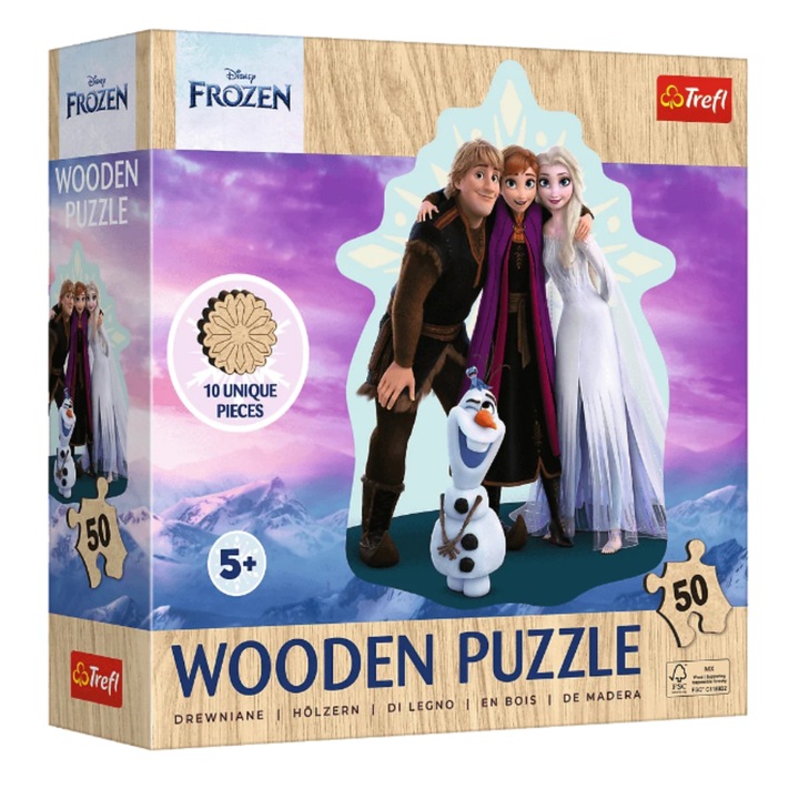 Puzzle din lemn 50 piese, Disney Frozen, Ulubiona Kraina Lodu, forme neregulate, 2028