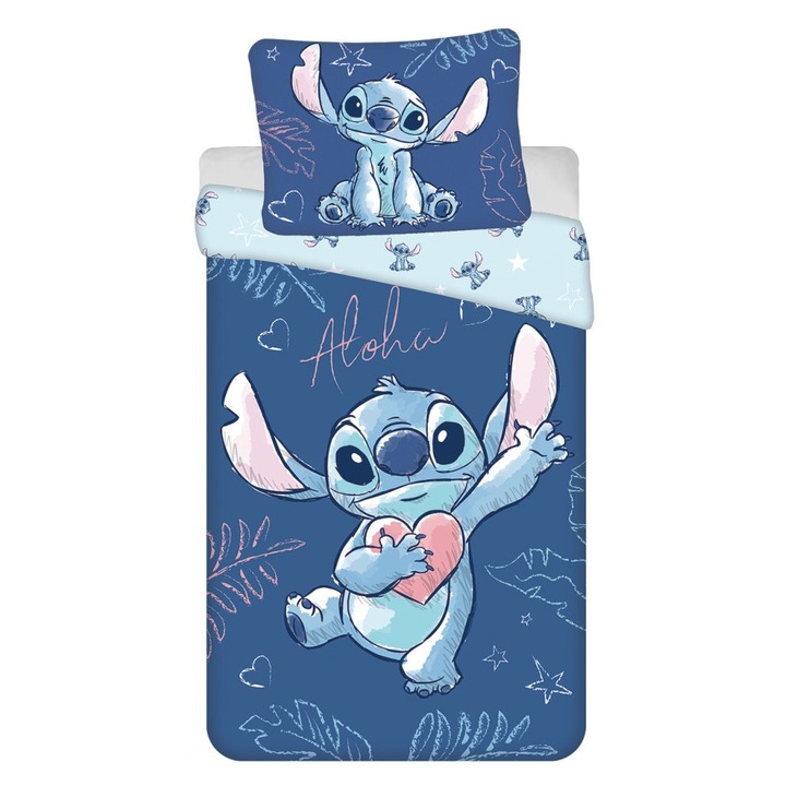 Set lenjerie de pat Disney Lilo si Stitch, 100% bumbac, albastru, 140x200cm, 70x90cm