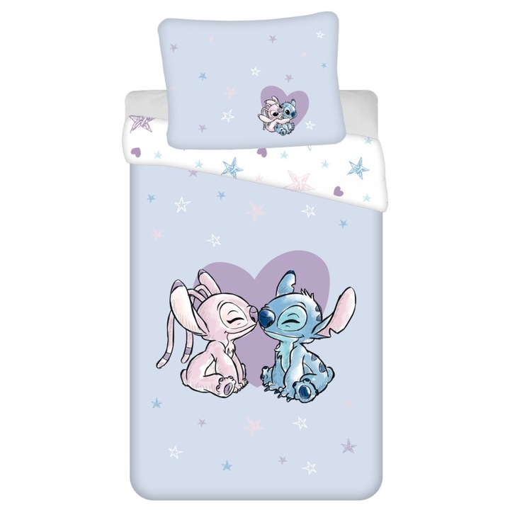 Set lenjerie de pat Disney Lilo si Stitch, bumbac, 140x200cm, 70x90cm