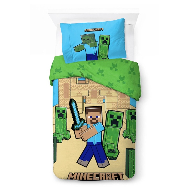 Set lenjerie de pat Minecraft, bumbac, 140x200cm, 70x90cm