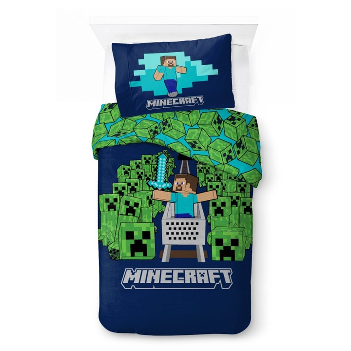 Set lenjerie Minecraft Game Over Creepers, 100% bumbac, 140x200cm, 70x90cm