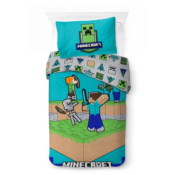 Set lenjerie de pat Minecraft 140x200cm, 70x90cm, bumbac