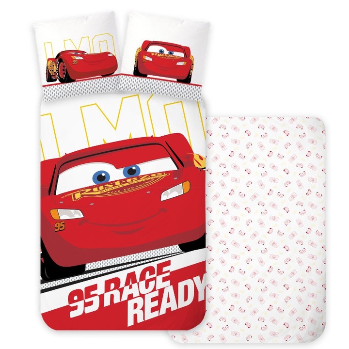 Set lenjerie de pat copii, Disney Masini, bumbac, 100x135cm, 40x60cm