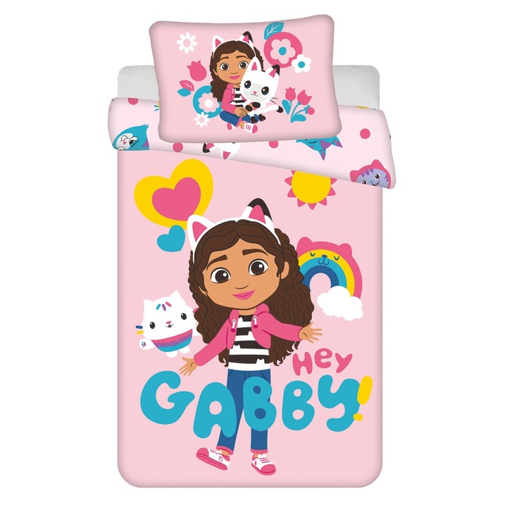 Set lenjerie de pat copii, Gabby's Dollhouse, 100x135cm, 40x60cm, 100% bumbac