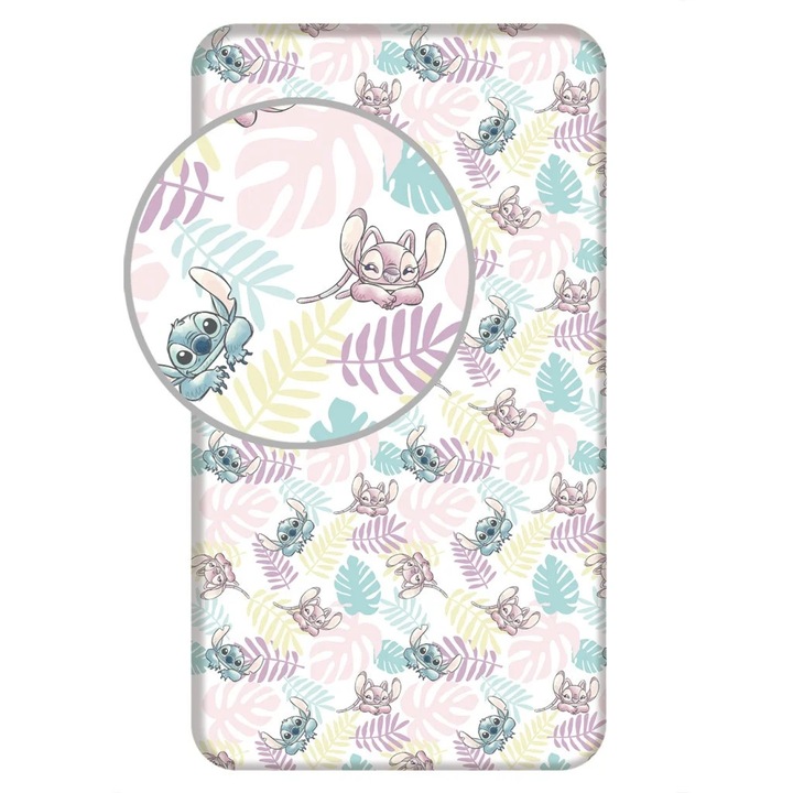 Cearsaf cu elastic Disney Lilo si Stitch, bumbac 100%, 90x200 cm