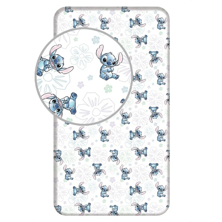 Cearceaf cu elastic Disney Lilo si Stitch, bumbac 100%, alb, 90x200 cm